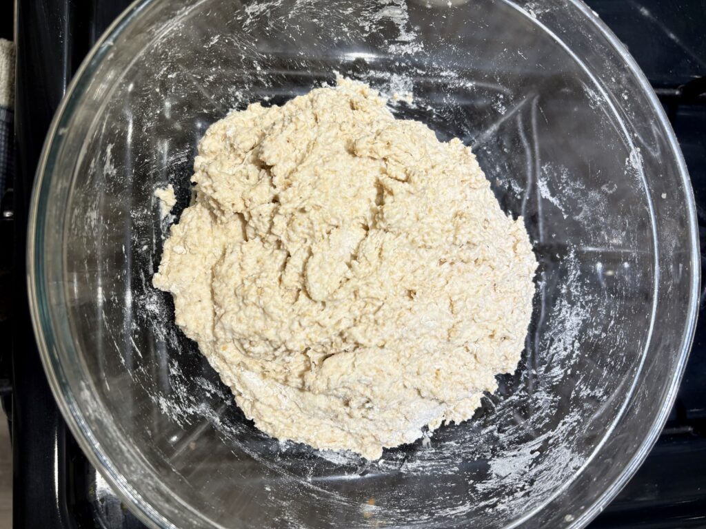 The flours and water after getting mixed and standing for 45 minutes.