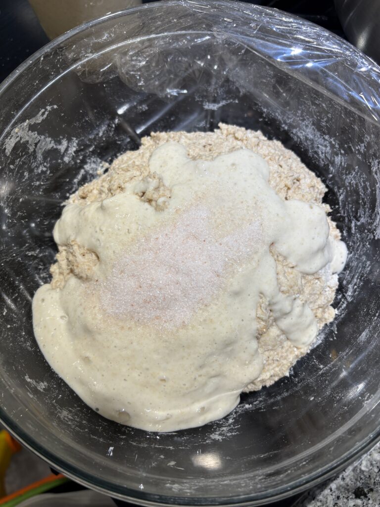 Adding in the sourdough starter and salt.