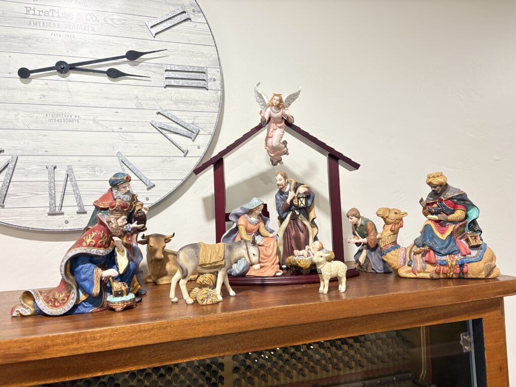 Our nativity set that we placed on top of our piano.