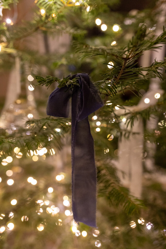 dark blue ribbon hanging on a tree