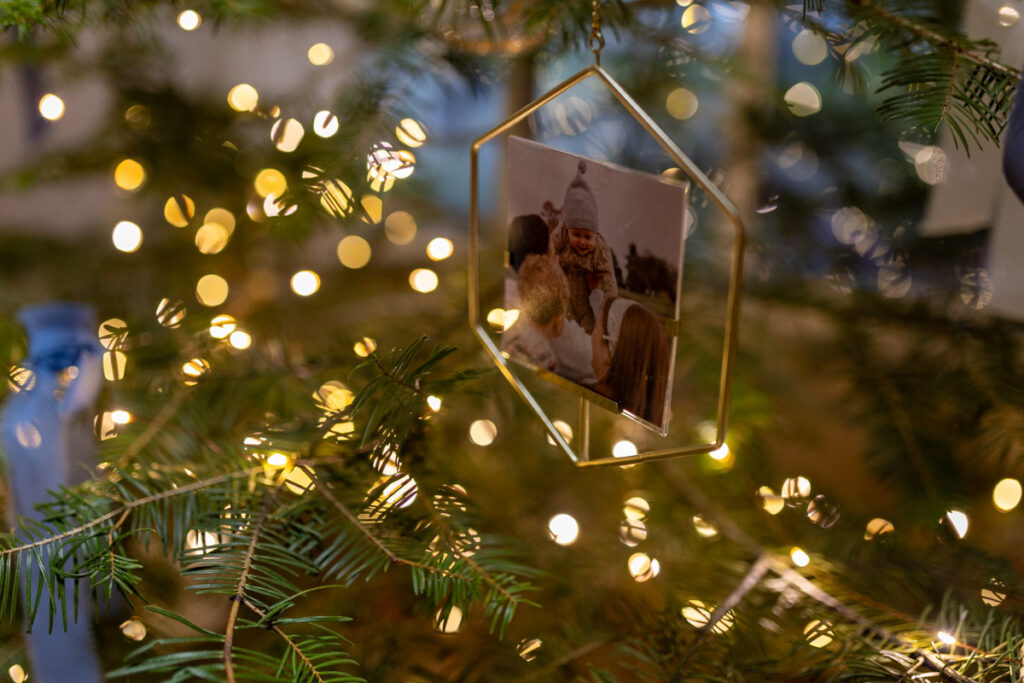 photo frame ornament on a tree