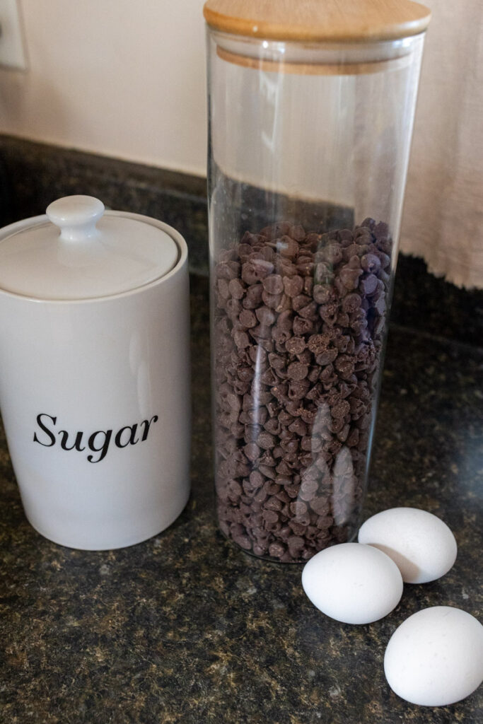 sugar, chocolate chips, and 3 eggs