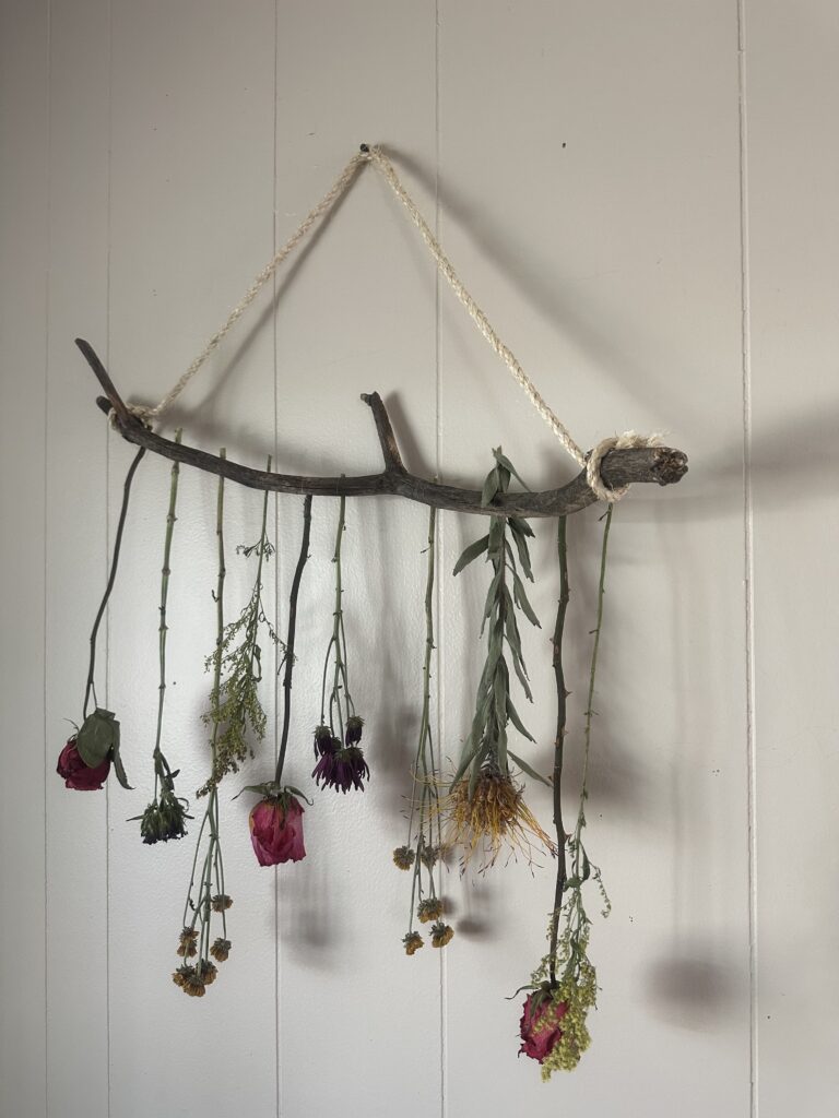 beautiful wall decor using a branch and dried flowers